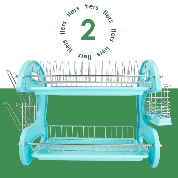 Home Basics Home Basics 2 Tier Plastic Dish Drainer, Turquoise - ZOR96077
