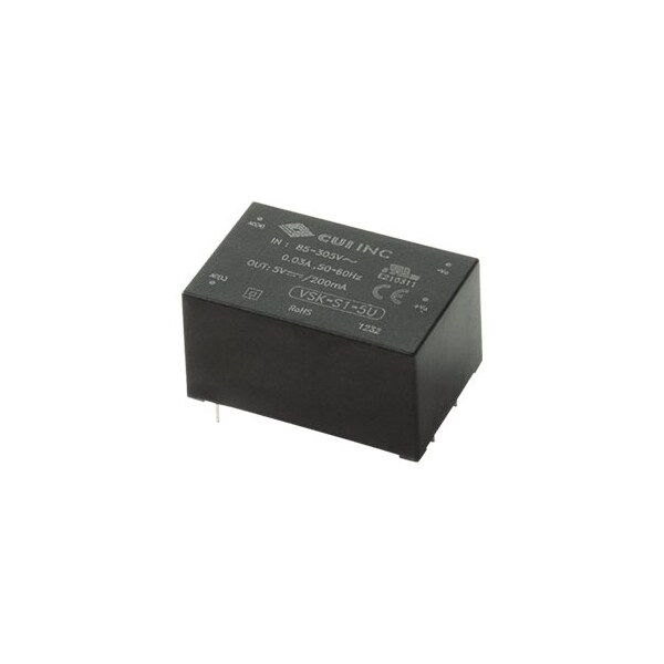 Cui Inc AC to DC Power Supply, 85 to 305V AC, 5V DC, 1W, 0.2A, PCB - VSK-S1-5U