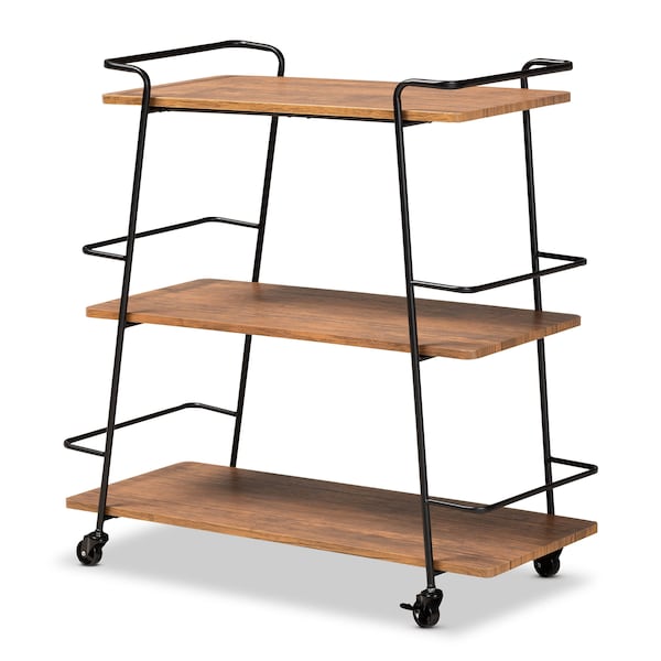 Baxton Studio Bernard Black Metal and Walnut Finishe Wood 3-Tier Mobile Wine Cart - 172-10304