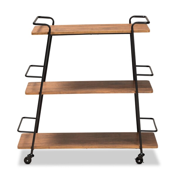 Baxton Studio Bernard Black Metal and Walnut Finishe Wood 3-Tier Mobile Wine Cart - 172-10304