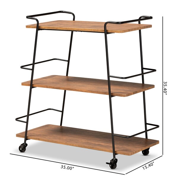 Baxton Studio Bernard Black Metal and Walnut Finishe Wood 3-Tier Mobile Wine Cart - 172-10304