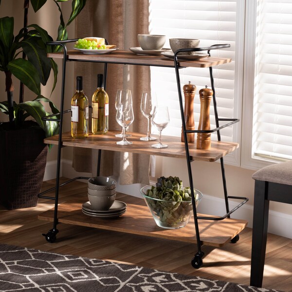 Baxton Studio Bernard Black Metal and Walnut Finishe Wood 3-Tier Mobile Wine Cart - 172-10304