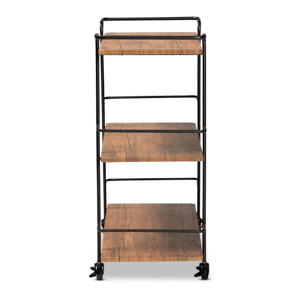 Baxton Studio Bernard Black Metal and Walnut Finishe Wood 3-Tier Mobile Wine Cart - 172-10304