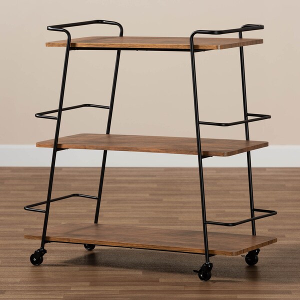 Baxton Studio Bernard Black Metal and Walnut Finishe Wood 3-Tier Mobile Wine Cart - 172-10304