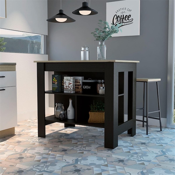 Depot E-Shop Delos Four Legs, Three Shelves & Kitchen Island, Black & Light Oak - DE-AWD5014