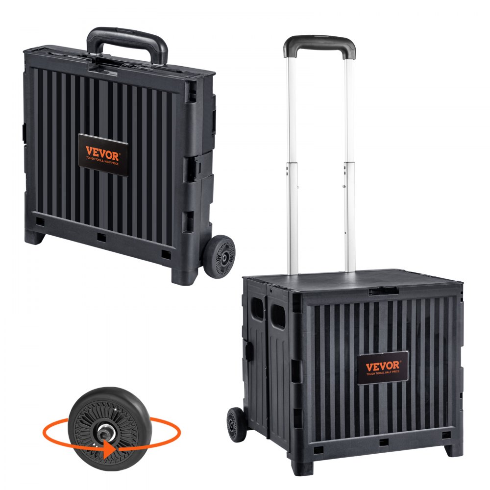 VEVOR Foldable Utility Cart, 80 lbs Load Capacity, Folding Portable Rolling Crate Handcart with Durable Heavy Duty Telescoping Handle and 2 Wheels for Travel Shopping Moving Luggage Office Use, Black - BXSGWCXCZLBD2C7A9V0