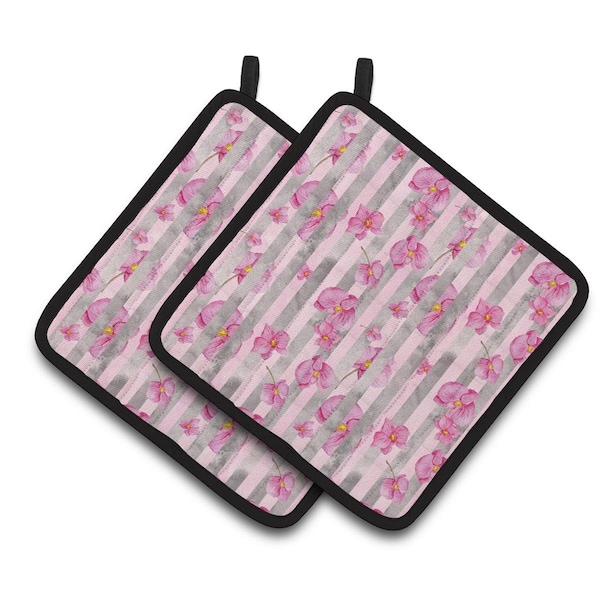 Carolines Treasures Watercolor Pink Flowers Grey Stripes Pair of Pot Holders - BB7502PTHD