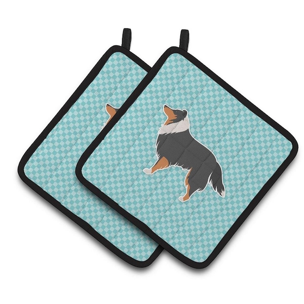 Carolines Treasures Sheltie and Shetland Sheepdog Checkerboard Blue Pair of Pot Holders - BB3730PTHD