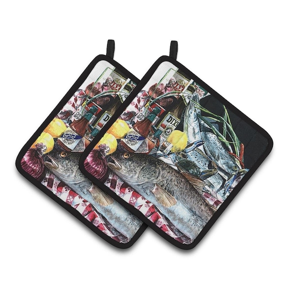 Carolines Treasures Fish & Beers From New Orleans Pair of Pot Holders - 1001PTHD
