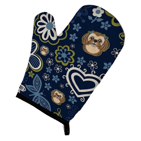Carolines Treasures Blue Flowers Chocolate Brown Shih Tzu Oven Mitt - BB5100OVMT