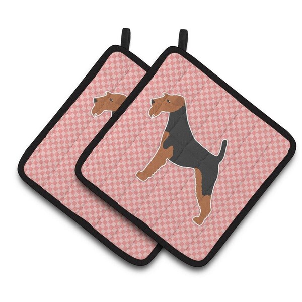 Carolines Treasures Welsh Terrier Checkerboard Pink Pair of Pot Holders - BB3585PTHD