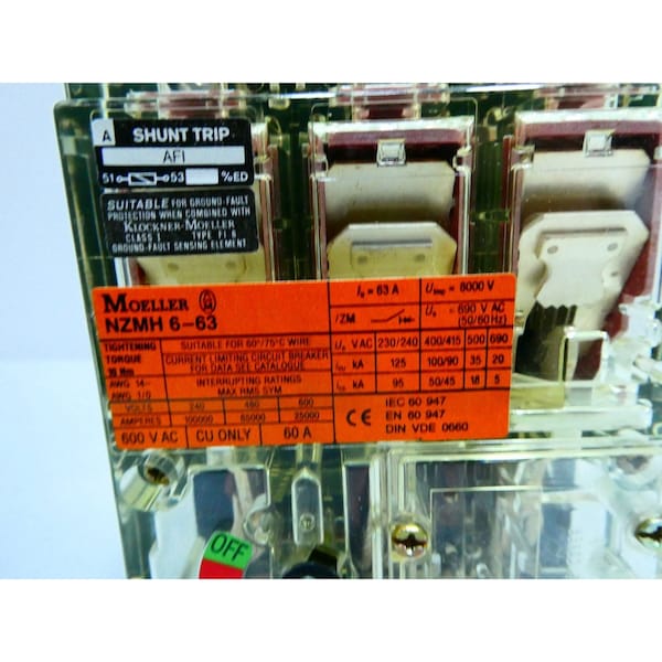 Moeller Molded Case Circuit Breaker, 60A, 3 Pole, 600V AC - NZMH6-63/ZM6A-60-NA