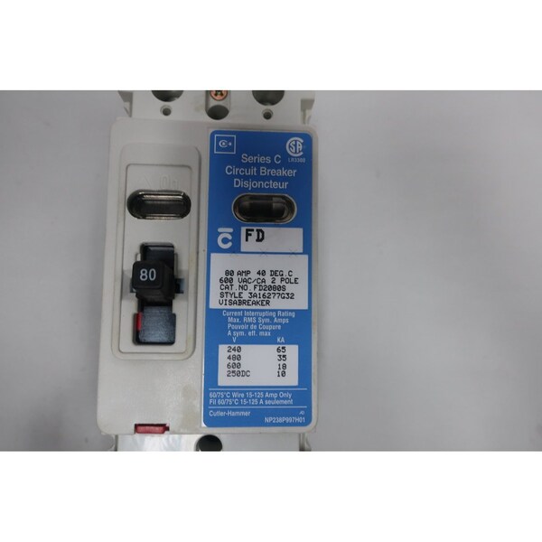 Eaton Cutler-Hammer Molded Case Circuit Breaker, FD Series, 2 Pole, 600V AC - FD2080S