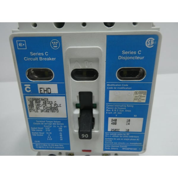 Eaton Cutler-Hammer Molded Case Circuit Breaker, EHD Series, 90A, 3 Pole, 480V AC - EHD3090S