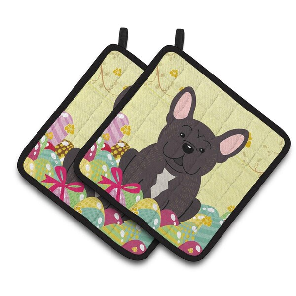 Carolines Treasures Easter Eggs French Bulldog Brindle Pair of Pot Holders - BB6009PTHD