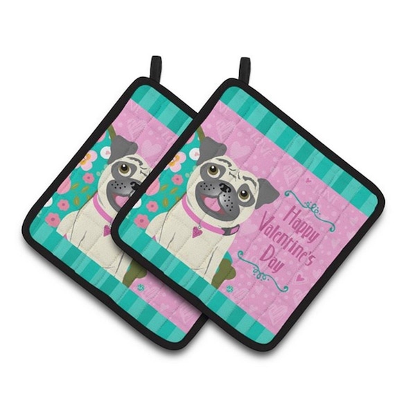 Carolines Treasures Happy Valentines Day Pug Pair of Pot Holders, 7.5 x 3 x 7.5 in. - VHA3002PTHD