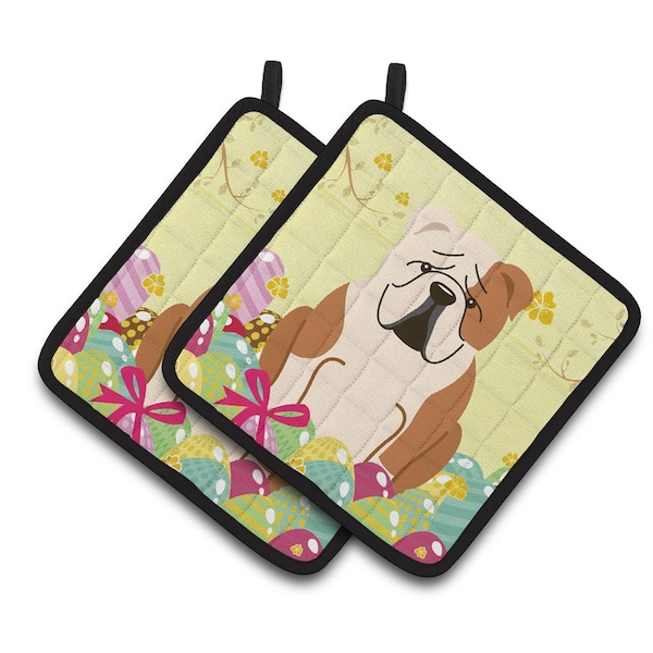 Carolines Treasures Easter Eggs English Bulldog Fawn White Pair of Pot Holders - BB6125PTHD