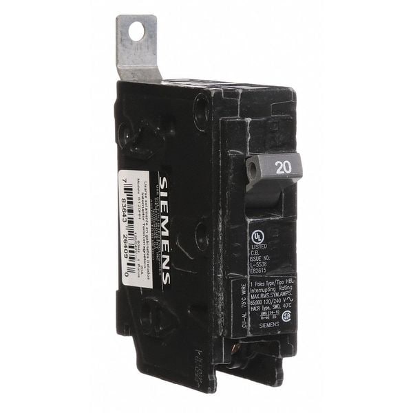 Siemens Miniature Circuit Breaker, BL Series, 20A, 1 Pole, 120/240V AC, 65kA at 120V AC - B120HH