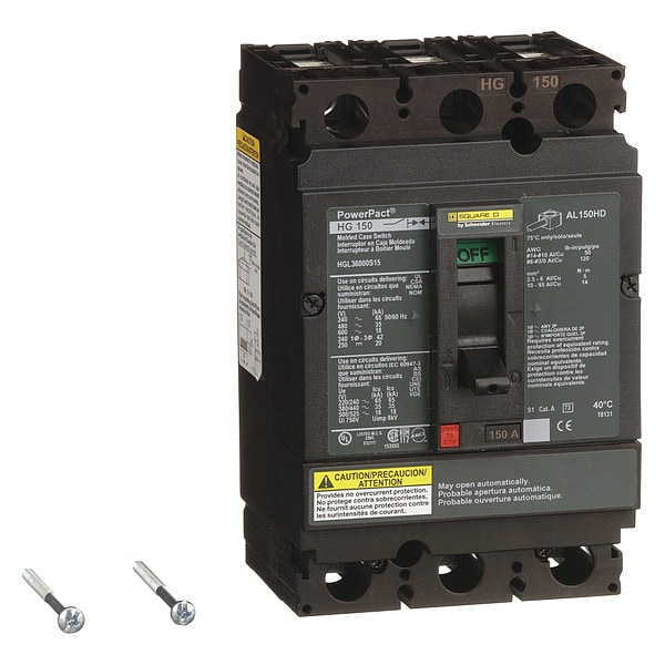 Square D Molded Case Circuit Breaker, HGL Series, 150A, 3 Pole, 600V AC, 65kA at 240V AC - HGL36000S15