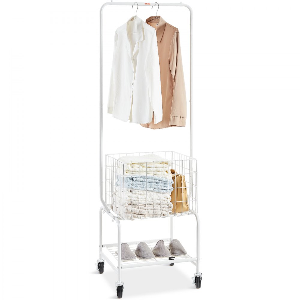 VEVOR Metal Rolling Laundry Basket with Hanging Garment Rack, Height Adjustment Laundry Hamper Cart with Basket Load and Shelf Load, Storage Organizer with Heavy Duty Lockable Wheels - XYCGYJBTGF100ONSGV0