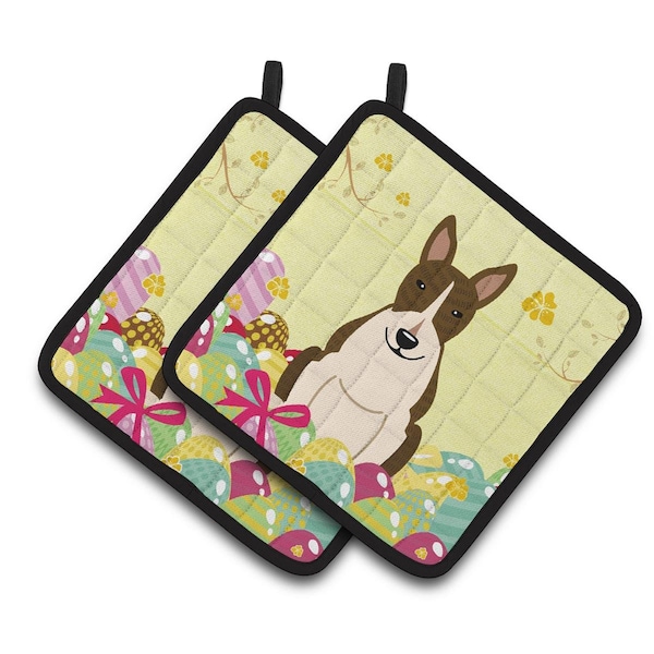 Carolines Treasures Easter Eggs Bull Terrier Dark Brindle Pair of Pot Holders - BB6136PTHD