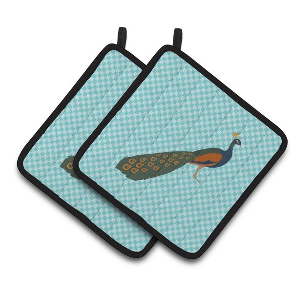 Carolines Treasures Indian Peacock Peafowl Blue Check Pair of Pot Holders - BB8099PTHD