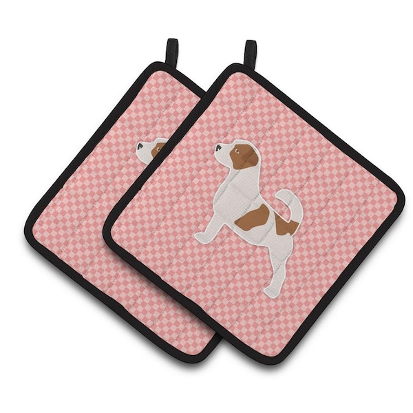 Carolines Treasures Jack Russell Terrier Checkerboard Pink Pair of Pot Holders - BB3607PTHD