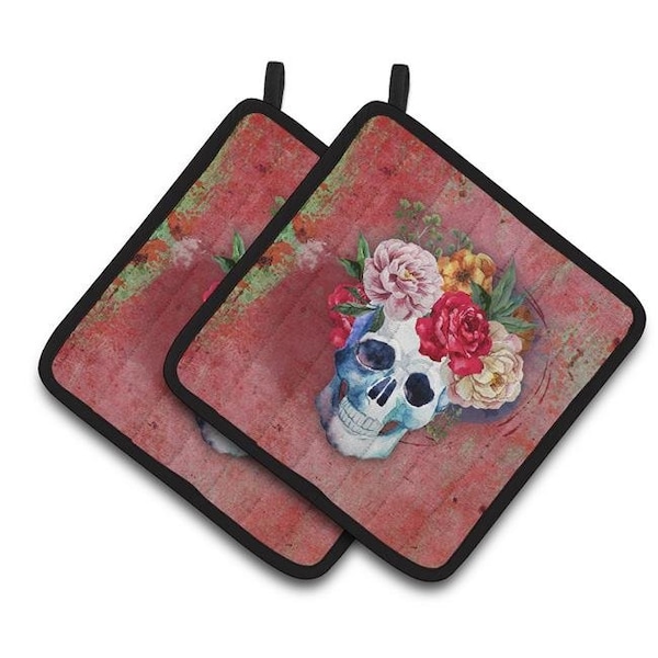Carolines Treasures Carolines Treasures BB5130PTHD Day of the Dead Red Flowers Skull Pair of Pot Holders - BB5130PTHD