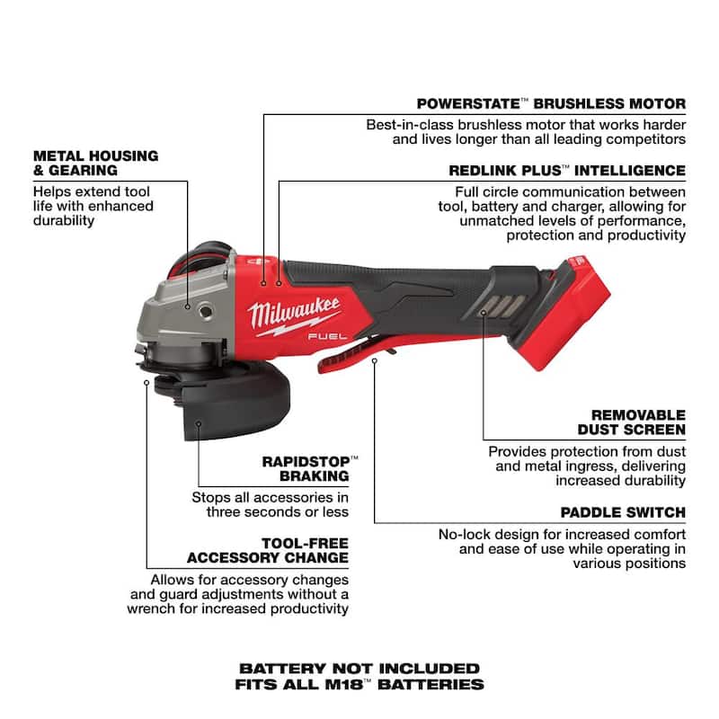 Esmeriladora sin escobillas Milwaukee M18 FUEL 18V de 4-1/2 in./5 in. con batería de iones de litio, velocidad variable y interruptor de paleta (solo herramienta) - 2888-20.