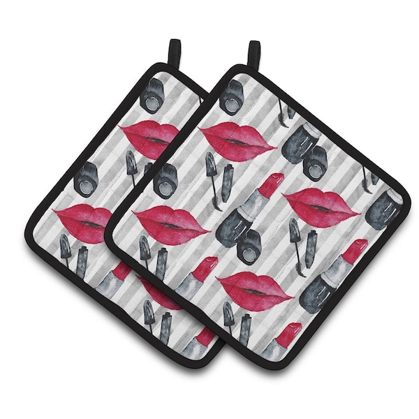 Carolines Treasures Watercolor Lipstick and Grey Stripes Pair of Pot Holders - BB7512PTHD