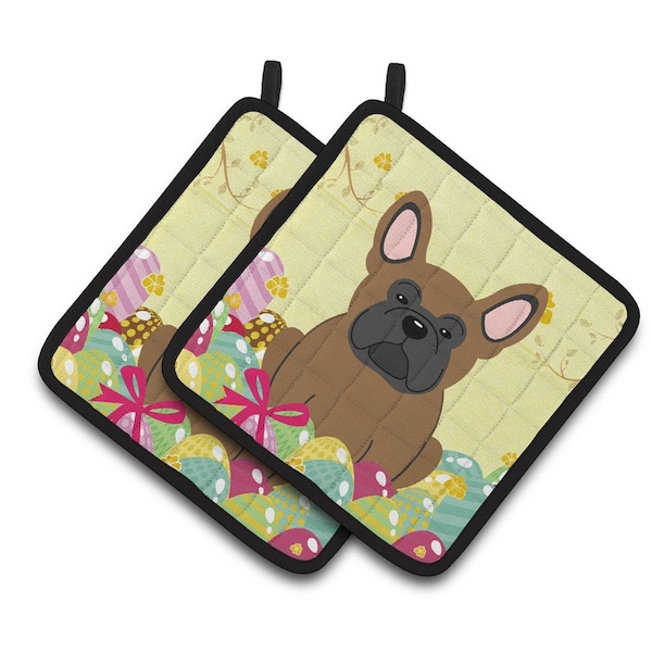 Carolines Treasures Easter Eggs French Bulldog Brown Pair of Pot Holders - BB6013PTHD