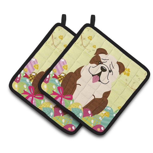 Carolines Treasures Easter Eggs English Bulldog Brindle White Pair of Pot Holders - BB6121PTHD