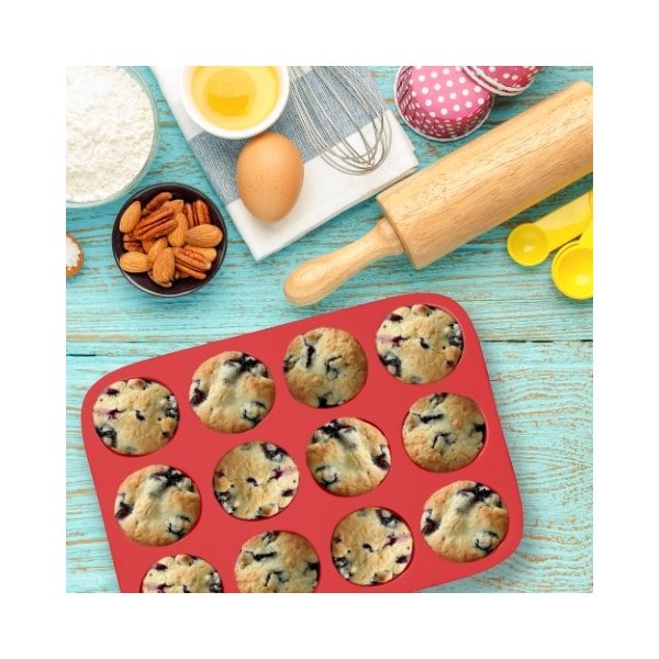 Hastings Home 12 cups Silicone Muffin Pan, Nonstick Muffin/Brownie Reusable Baking Tray for Microwave, Oven, Freezer - 285866LDZ
