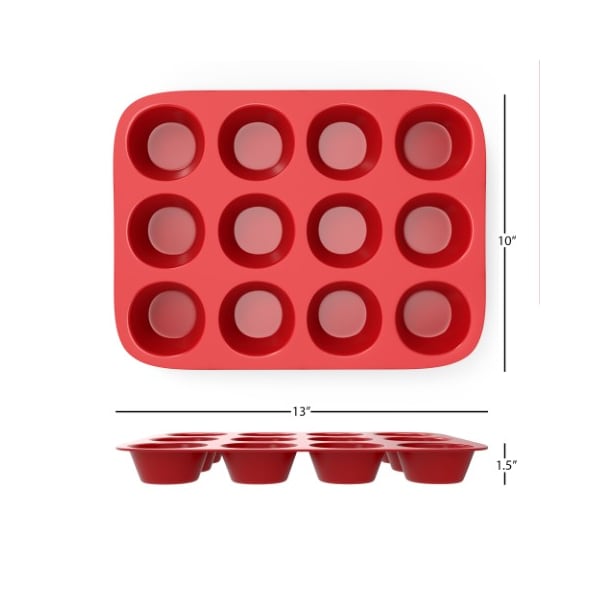Hastings Home 12 cups Silicone Muffin Pan, Nonstick Muffin/Brownie Reusable Baking Tray for Microwave, Oven, Freezer - 285866LDZ