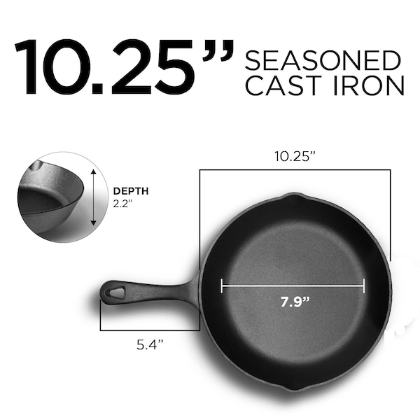 Commercial Chef 10.25'' Preseasoned Cast Iron Skillet, Cast Iron Pan with Dual Pour Spouts - CHFS1025