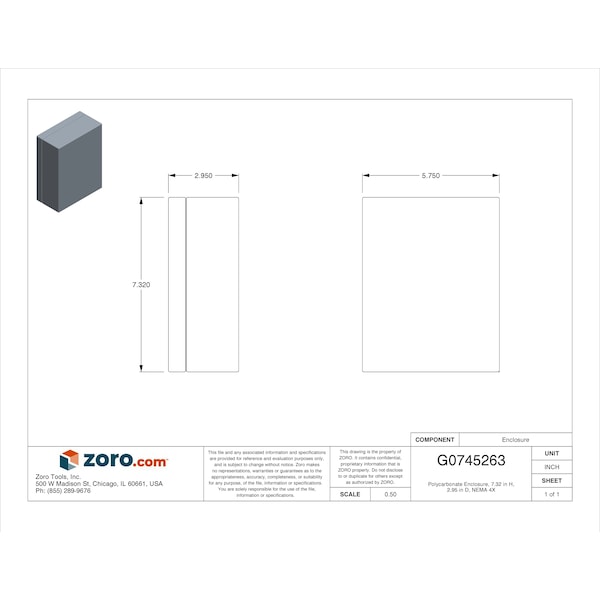 Box Enclosures Polycarbonate Electrical Enclosures, 7.32 in H, 3 in D, 5-3/4 in W, NEMA 4X - BEN-80P