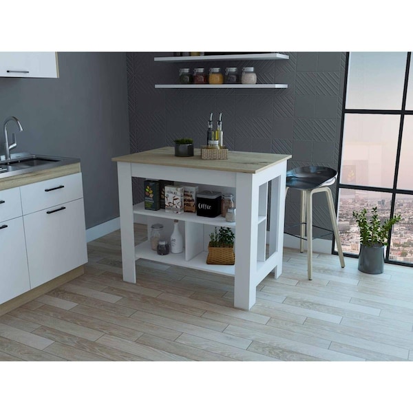 Gfancy Fixtures Light Oak & White Kitchen Island with Three Storage Shelves - GF3671234