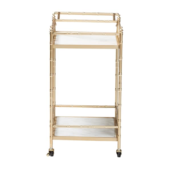 Baxton Studio Mela Contemporary Glam and Luxe Gold Metal and White Marble 2Tier Wine Cart - 222-12527-ZORO
