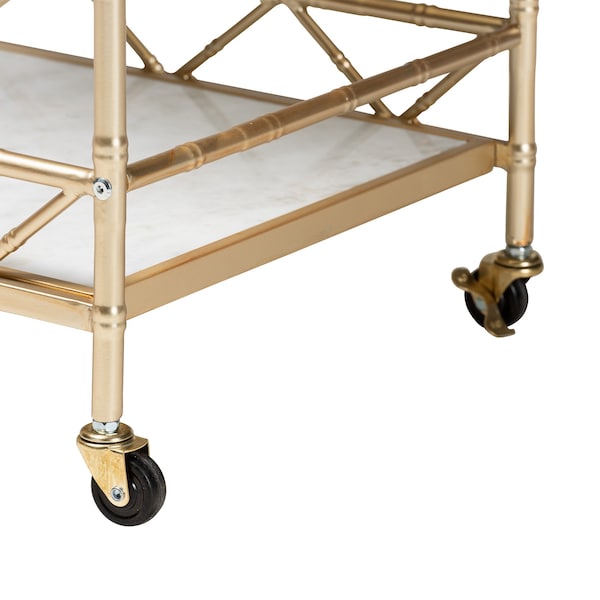 Baxton Studio Mela Contemporary Glam and Luxe Gold Metal and White Marble 2Tier Wine Cart - 222-12527-ZORO