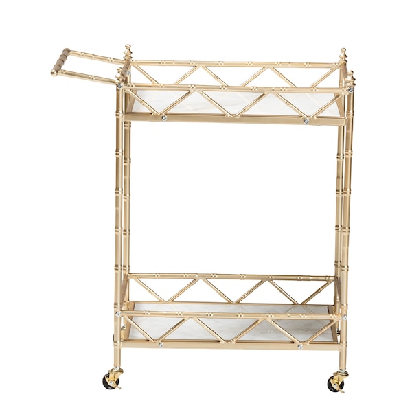 Baxton Studio Mela Contemporary Glam and Luxe Gold Metal and White Marble 2Tier Wine Cart - 222-12527-ZORO