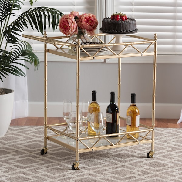Baxton Studio Mela Contemporary Glam and Luxe Gold Metal and White Marble 2Tier Wine Cart - 222-12527-ZORO