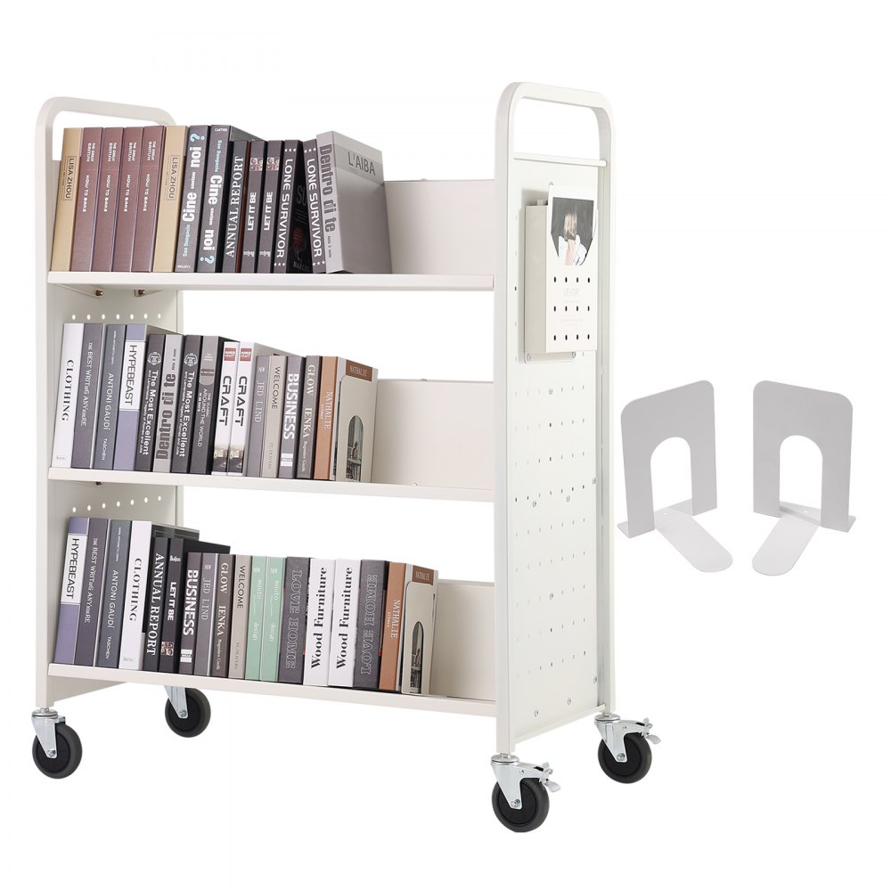 VEVOR Book Cart, 330 lbs Library Cart, 39.4" x 20.1" x 49.2" Rolling Book Cart, Double Sided W-Shaped Sloped Shelves with 4-Inch Lockable Wheels for Home Shelves Office School, Book Truck in White - WXTSGTCBS330TTFPPV0