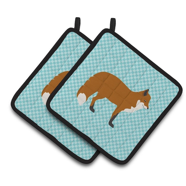 Carolines Treasures Red Fox Blue Check Pair of Pot Holders - BB8050PTHD