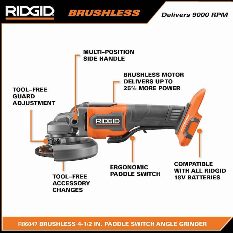 Amoladora angular inalámbrica RIDGID 18V sin escobillas de 4-1/2 pulgadas con interruptor de paleta (solo herramienta) - R86047B