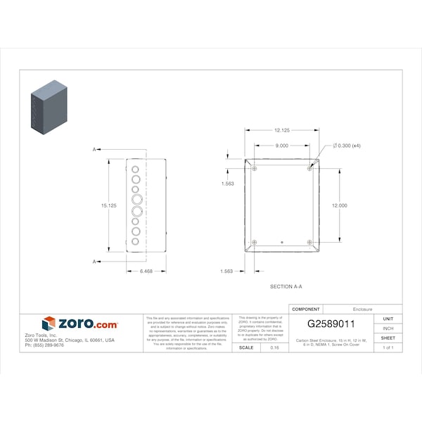 Wiegmann Carbon Steel Electrical Enclosures, 15 in H, 6 in D, 12 in W, NEMA 1, Screw On - SC121506