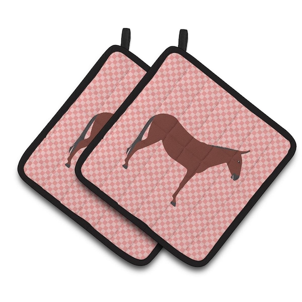 Carolines Treasures Hinny Horse Donkey Pink Check Pair of Pot Holders - BB7850PTHD