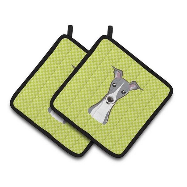 Carolines Treasures Carolines Treasures BB1298PTHD Checkerboard Lime Green Italian Greyhound Pair of Pot Holders; 7.5 x 3 x 7.5 in. - BB1298PTHD