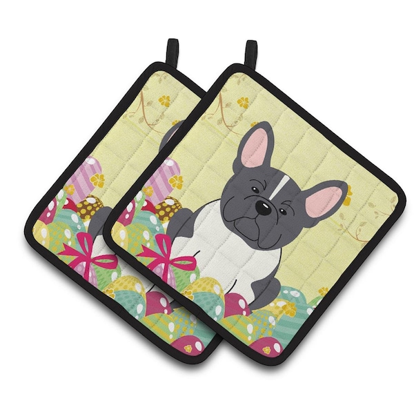 Carolines Treasures Easter Eggs French Bulldog Black & White Pair of Pot Holders - BB6012PTHD
