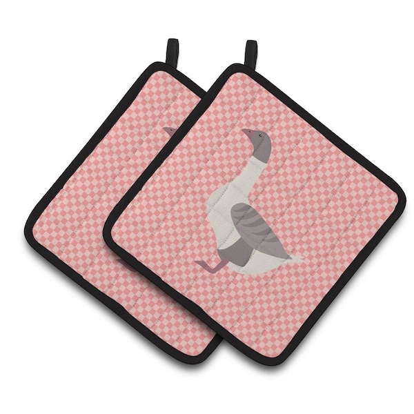 Carolines Treasures Buff Grey Back Goose Pink Check Pair of Pot Holders - BB7901PTHD