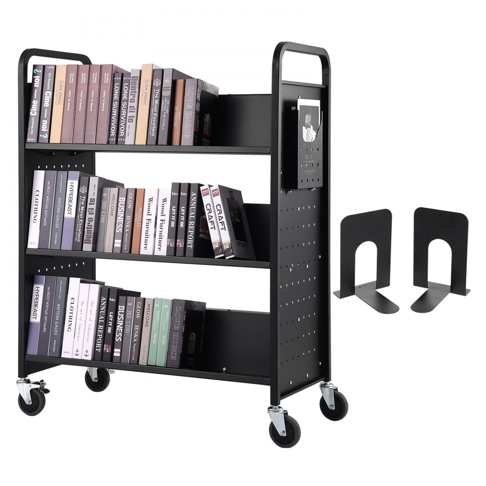 VEVOR Book Cart, 330 lbs Library Cart, 39.4" x 20.1" x 49.2" Rolling Book Cart, Double Sided W-Shaped Sloped Shelves with 4-Inch Lockable Wheels for Home Shelves Office School, Book Truck in Black - WXTSGTCHS330K73PFV0